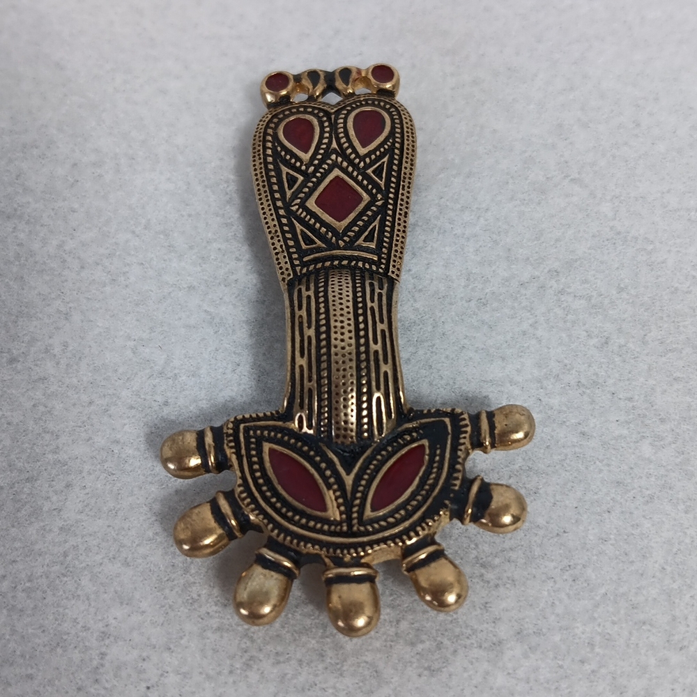South Germany Medieval Bow Fibula Brooch Red Enamel on Bronze Celtic Style